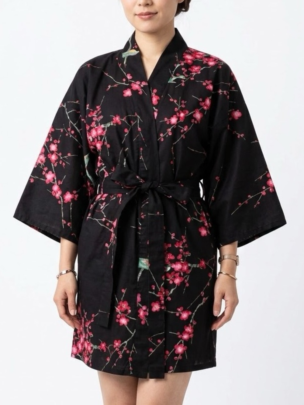 Made in Japan Floral Cherry Blossom Bird Print Womens Kimono One Size with Belt